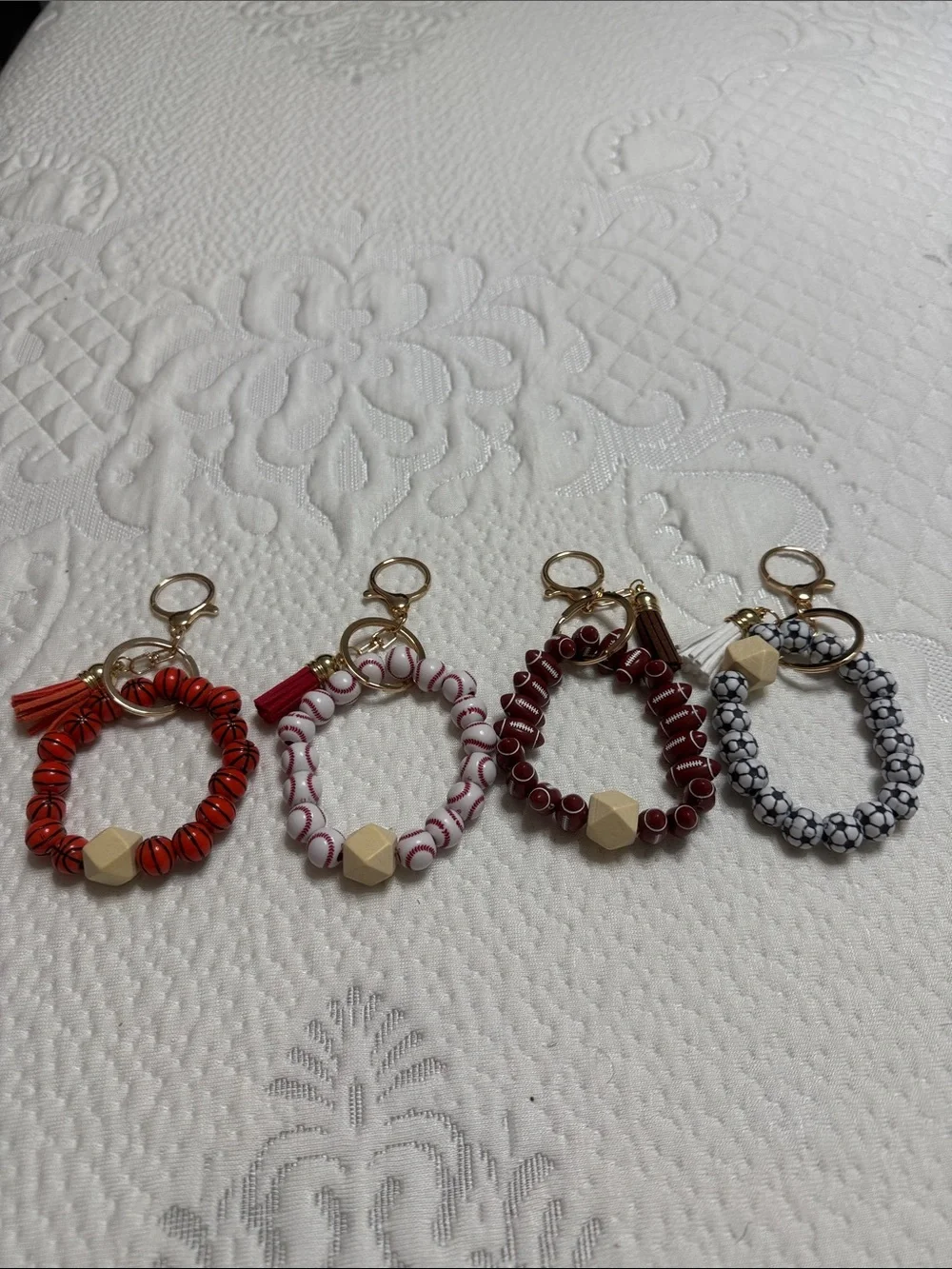 Set of 12 Beaded Key Ring Wristlet - Basketball Soccer, Football and Baseball